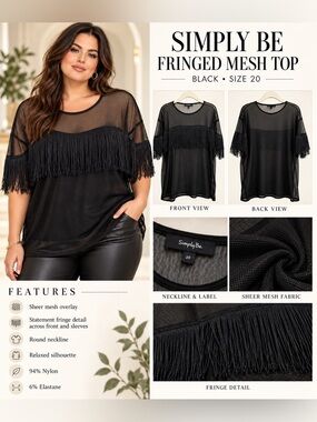 SIMPLY BE FRINGED MESH TOP – BLACK SIZE 20 (NEW WITH TAGS) A25